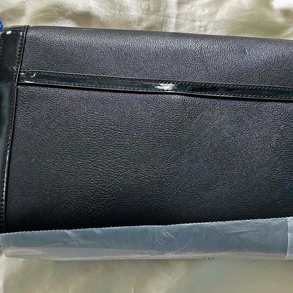 CLUTCH, ANNE KLEIN, BLACK, WITH GOLD TONE METAL STUDS, PATENT ACCENTS, SHOULDER - Picture 3 of 13